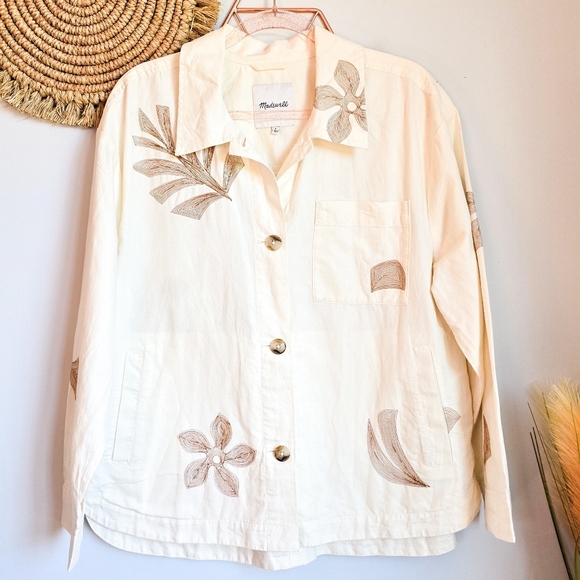 Madewell New Cream Embroidered Linen Tropical Floral Shirt Jacket Size Large - Picture 15 of 15
